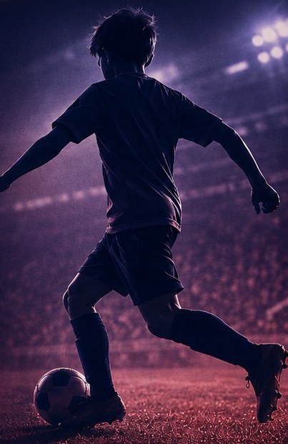 Youth player striking a ball under stadium lights